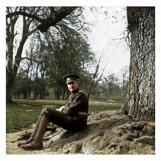1915 colour picture of Ralph Vaughan Williams serving in the London Field Ambulance